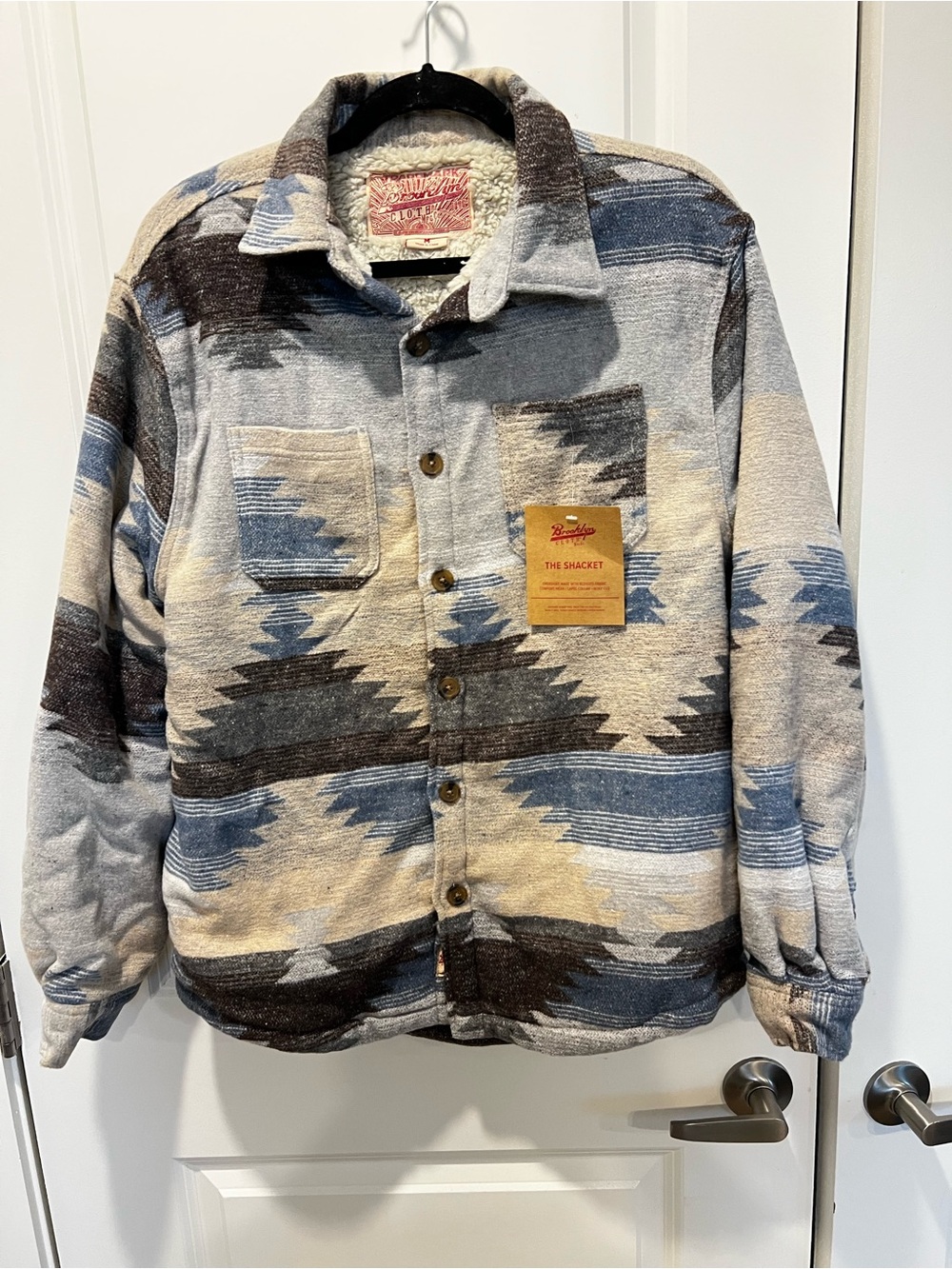 Brooklyn Cloth Aztec Pattern Sherpa-Lined Shacket - Blue, Gray, Brown - Picture 2 of 13